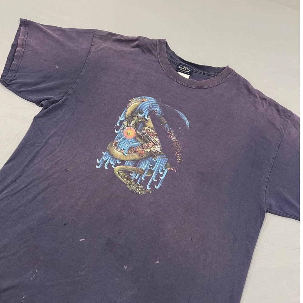 Vintage Sonoma Dragon Graphic Tee Distressed Faded Navy Blue XL Streetwear 90s